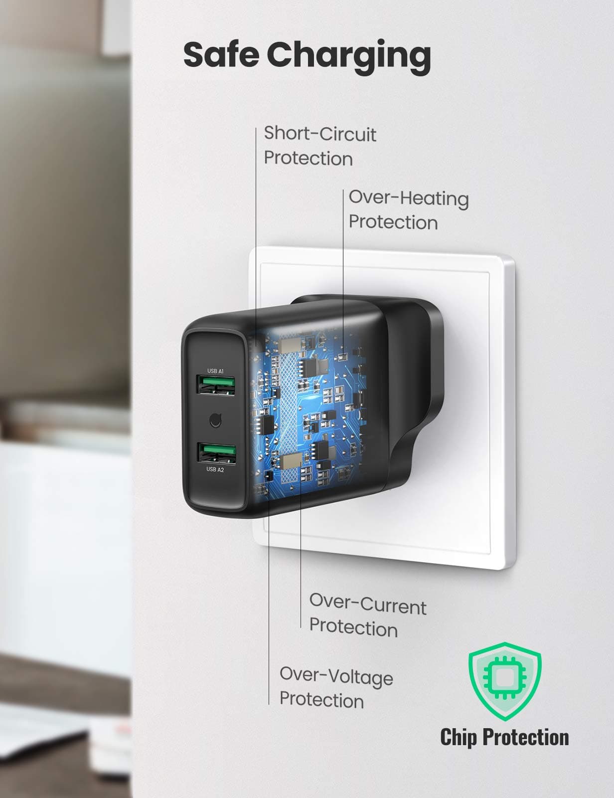 شحن UGREEN 70164 36W QC 3.0 Quick Wall Charger Adapter 2-Port 3