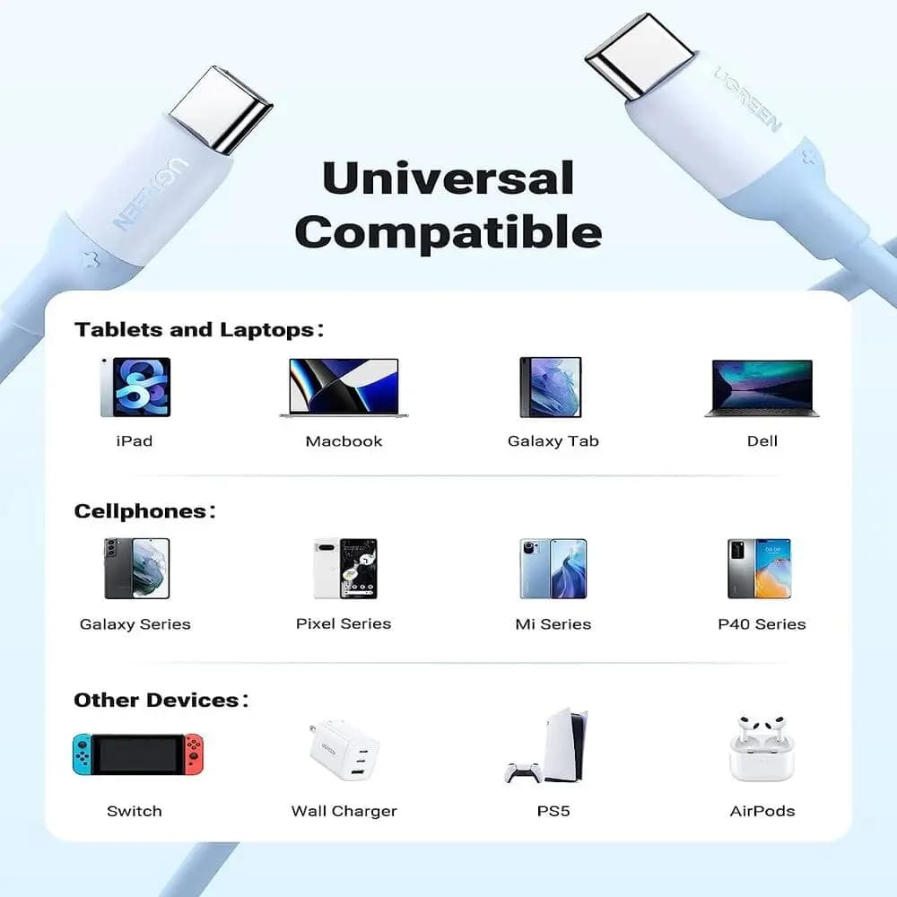 UGREEN 15279 USB-C to USB-C Silicone Fast Charging Cable Blue 1m 5